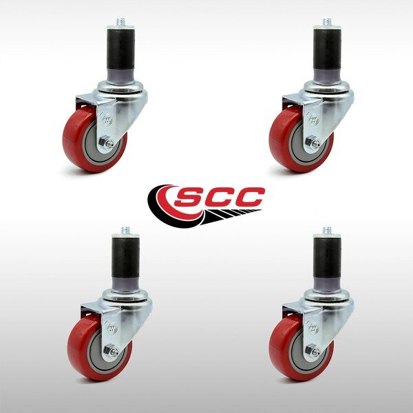 3 Inch SS Red Polyurethane Swivel 1-1/2 Inch Expanding Stem Caster Set SCC, Service Caster, Mfr#: SCC-SSEX20S314-PPUB-RED-MTG46-4